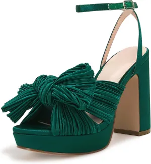 VETASTE Women's Pleated Bow Knot Platform Heeled Sandals Open Toe Chunky Block Heel Ankle Buckle Strap Bridal Wedding Dress Shoes