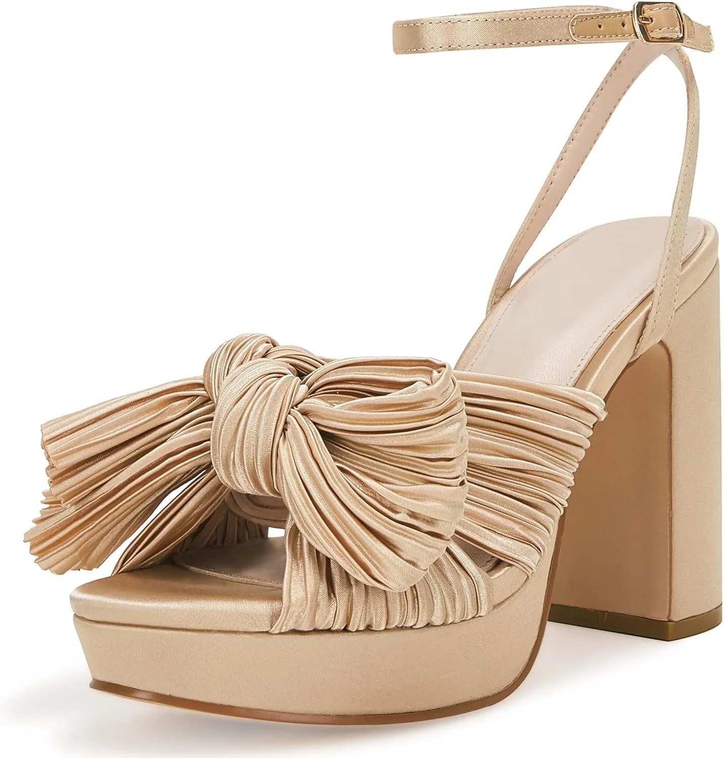 VETASTE Women's Pleated Bow Knot Platform Heeled Sandals Open Toe Chunky Block Heel Ankle Buckle Strap Bridal Wedding Dress Shoes