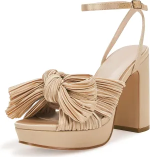 VETASTE Women's Pleated Bow Knot Platform Heeled Sandals Open Toe Chunky Block Heel Ankle Buckle Strap Bridal Wedding Dress Shoes