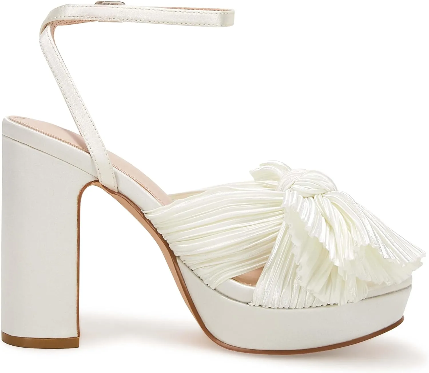 VETASTE Women's Pleated Bow Knot Platform Heeled Sandals Open Toe Chunky Block Heel Ankle Buckle Strap Bridal Wedding Dress Shoes