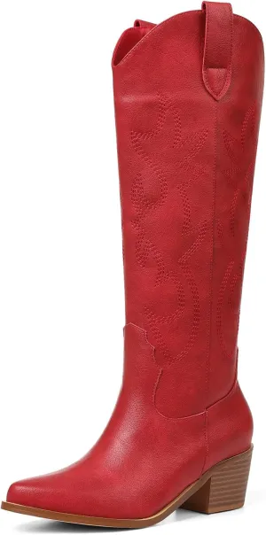 VIMISAOI Cowboy Boots for Women - Knee High, Pointed Toe, Wide Calf Western White Cowgirl Tall Boots