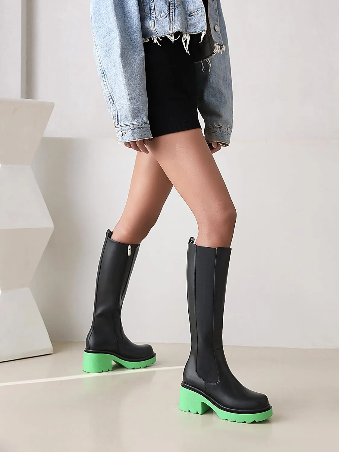 Vivianly Women's Knee High Chunky Block Heel Elastic Lug Sole Stretch Riding Boots with Round Toe and Side Zipper Platform Boots