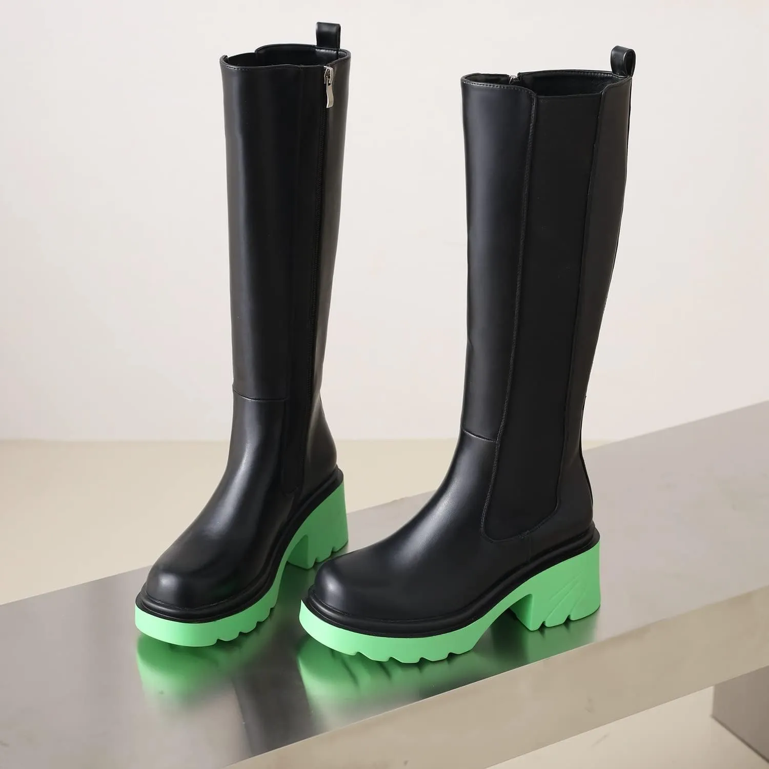 Vivianly Women's Knee High Chunky Block Heel Elastic Lug Sole Stretch Riding Boots with Round Toe and Side Zipper Platform Boots