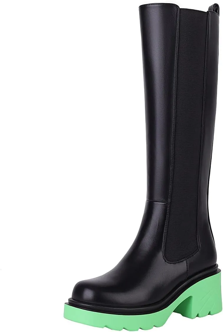 Vivianly Women's Knee High Chunky Block Heel Elastic Lug Sole Stretch Riding Boots with Round Toe and Side Zipper Platform Boots
