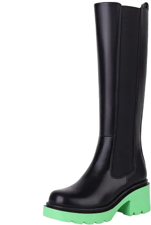 Vivianly Women's Knee High Chunky Block Heel Elastic Lug Sole Stretch Riding Boots with Round Toe and Side Zipper Platform Boots