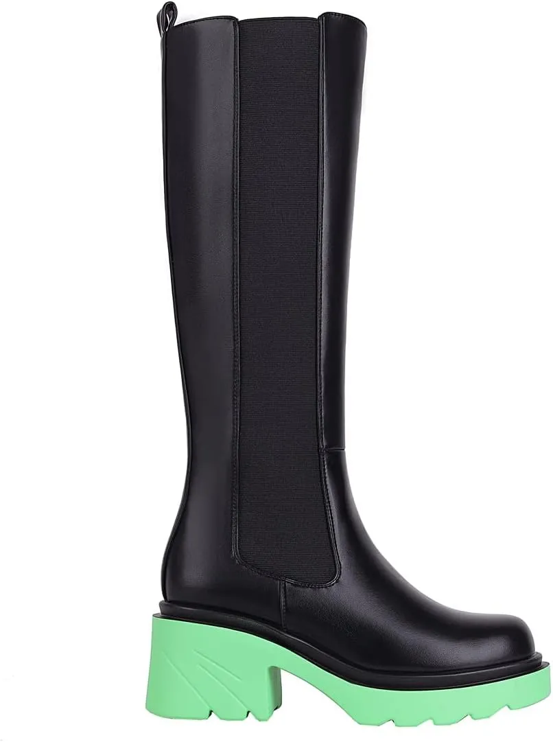Vivianly Women's Knee High Chunky Block Heel Elastic Lug Sole Stretch Riding Boots with Round Toe and Side Zipper Platform Boots