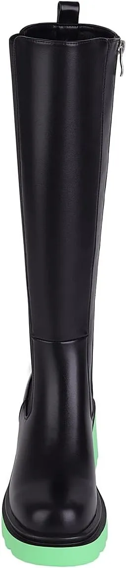 Vivianly Women's Knee High Chunky Block Heel Elastic Lug Sole Stretch Riding Boots with Round Toe and Side Zipper Platform Boots