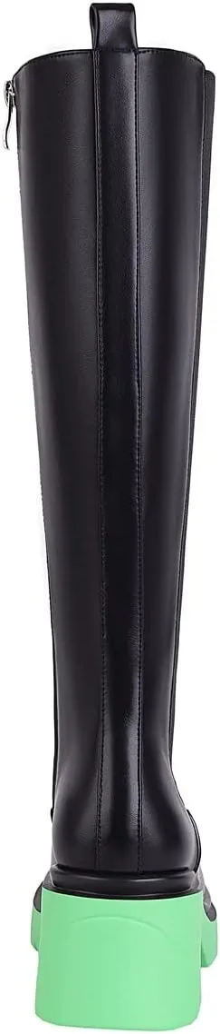 Vivianly Women's Knee High Chunky Block Heel Elastic Lug Sole Stretch Riding Boots with Round Toe and Side Zipper Platform Boots