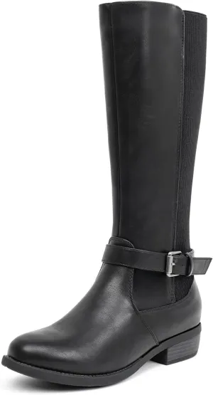 VJH confort Women's Knee High Boots, Round Toe Low Heel Stretchy Comfy Tall Riding Boot