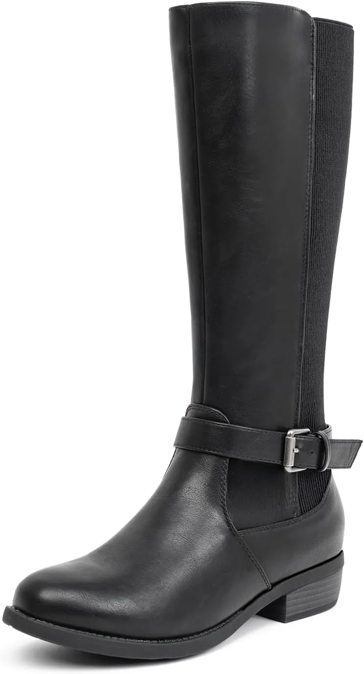 VJH confort Women's Knee High Boots, Round Toe Low Heel Stretchy Comfy Tall Riding Boot