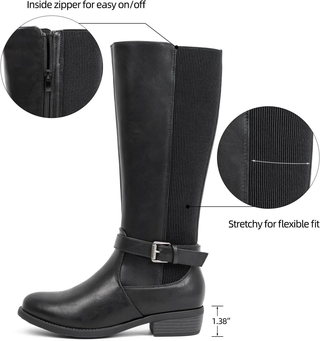 VJH confort Women's Knee High Boots, Round Toe Low Heel Stretchy Comfy Tall Riding Boot