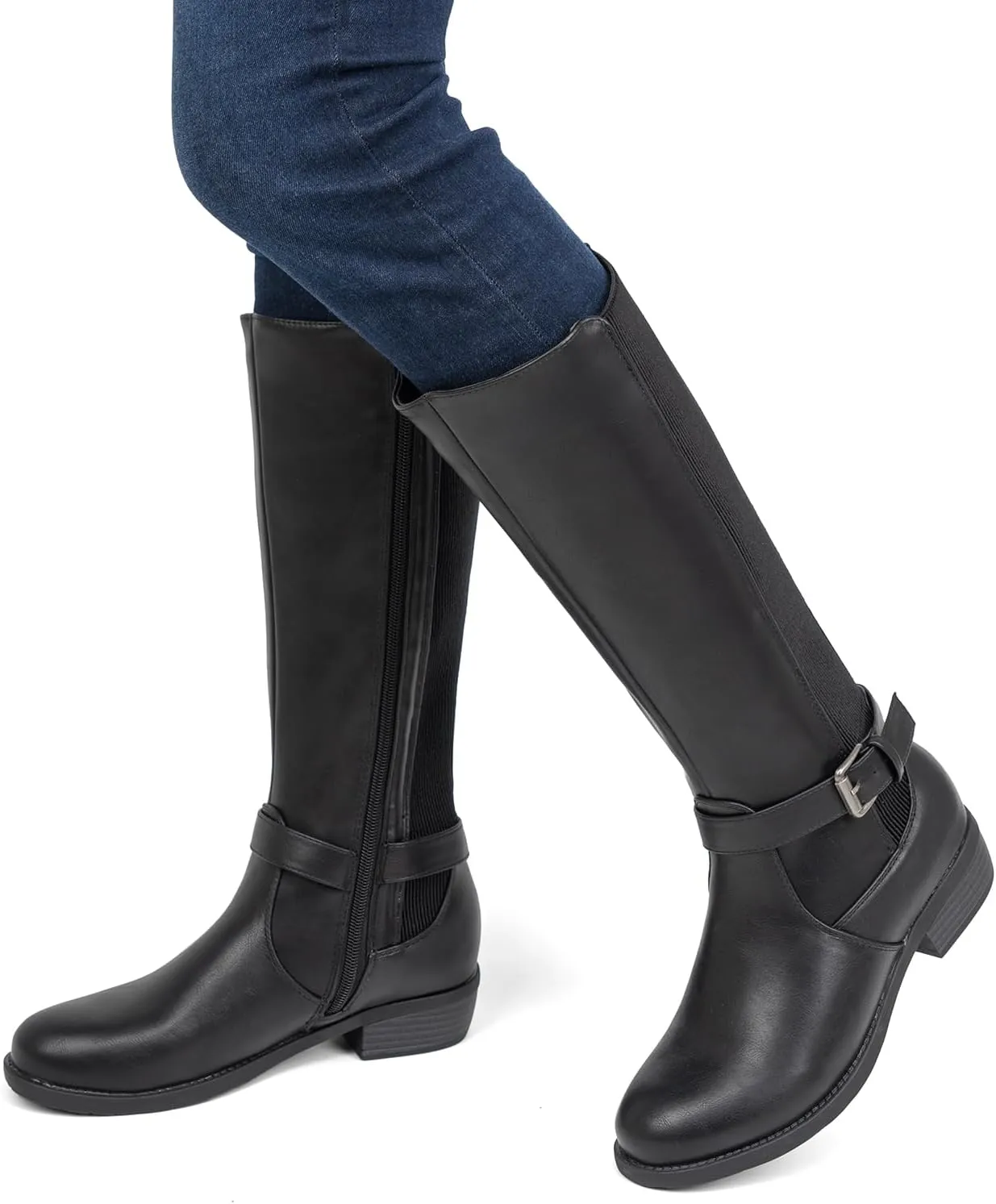 VJH confort Women's Knee High Boots, Round Toe Low Heel Stretchy Comfy Tall Riding Boot