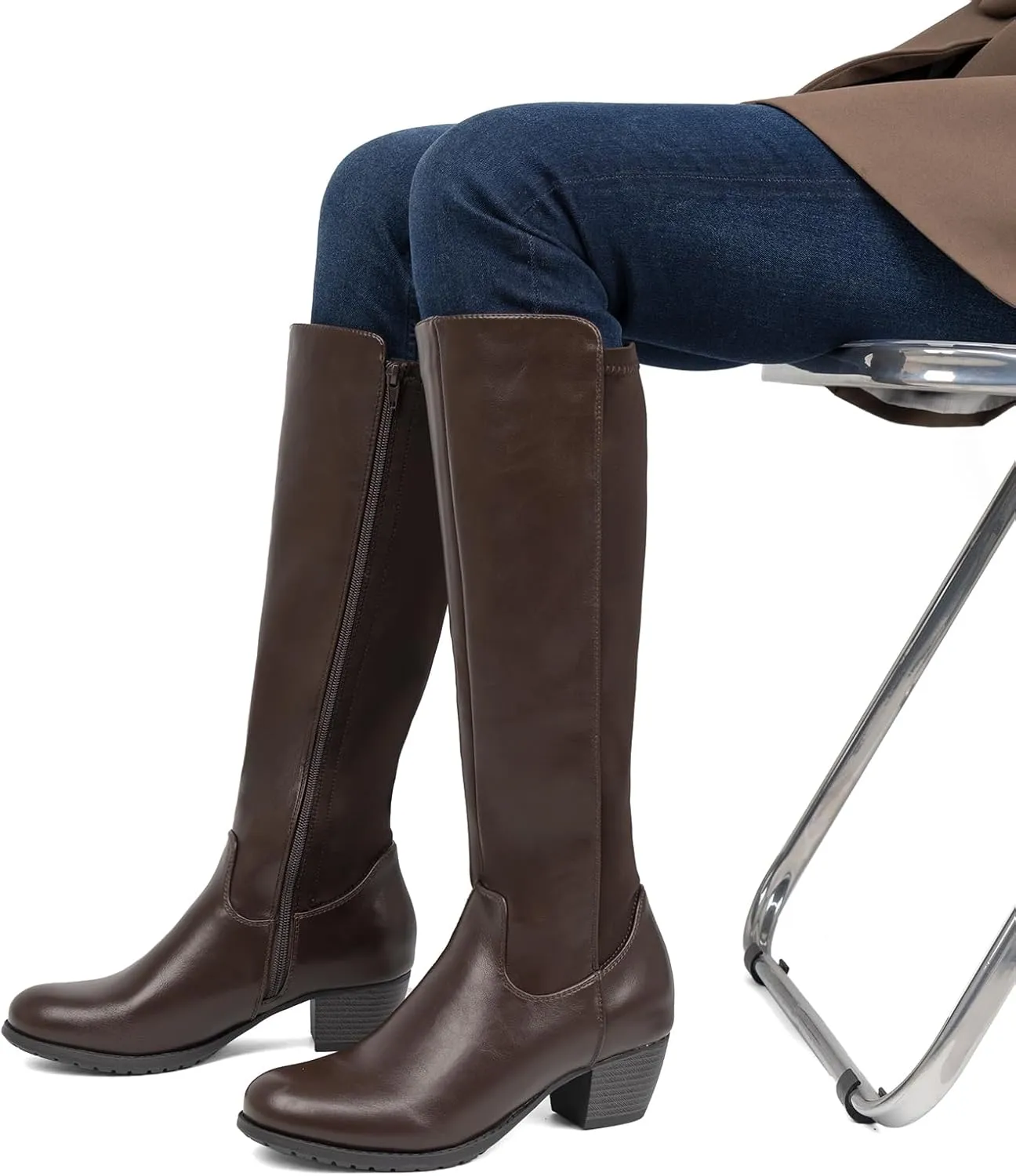 VJH confort Women's Knee High Boots, Round Toe Low Heel Stretchy Comfy Wide Calf Tall Riding Boot