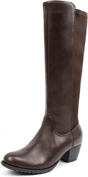 VJH confort Women's Knee High Boots, Round Toe Low Heel Stretchy Comfy Wide Calf Tall Riding Boot