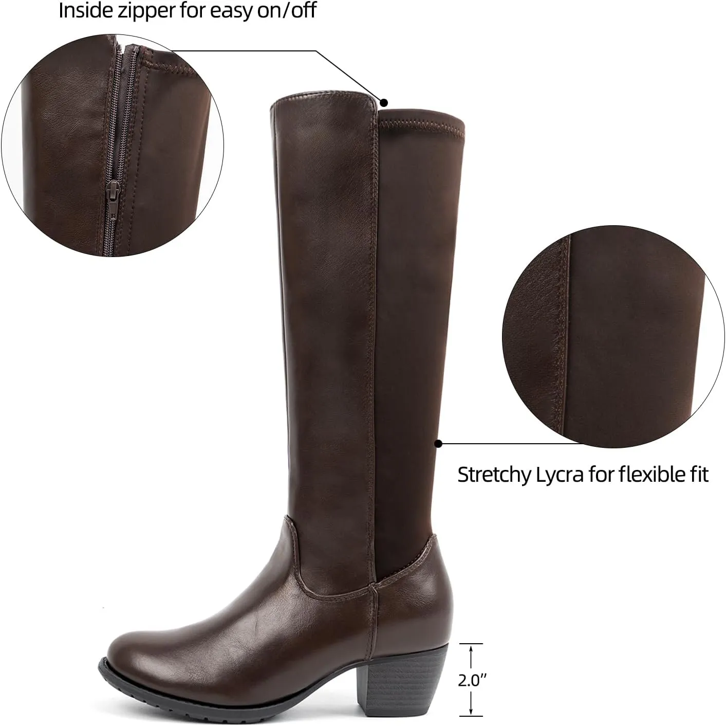 VJH confort Women's Knee High Boots, Round Toe Low Heel Stretchy Comfy Wide Calf Tall Riding Boot