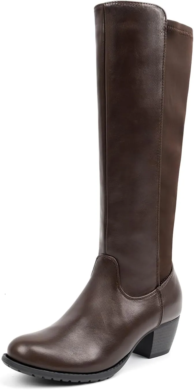 VJH confort Women's Knee High Boots, Round Toe Low Heel Stretchy Comfy Wide Calf Tall Riding Boot