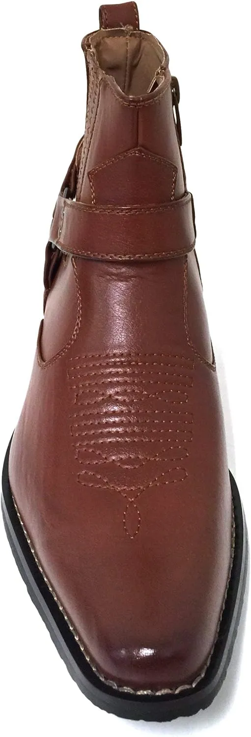 W1TCJ Men’s Cowboy Boots Western Ankle Harness Leather Lining Side Zipper Shoes