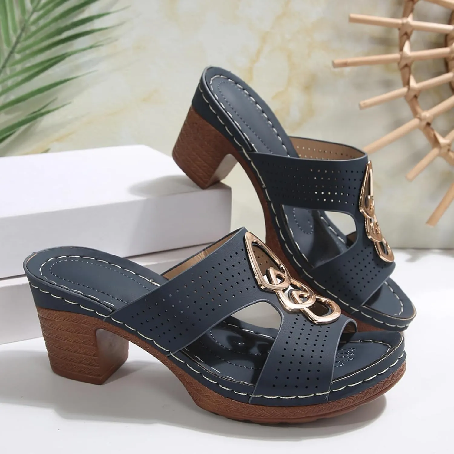 Wedge Heel Sandals for Women Summer Casual Chunky Block Low Heels Comfortable Beach Slippers Dressy Slip on Open Toe Sandals