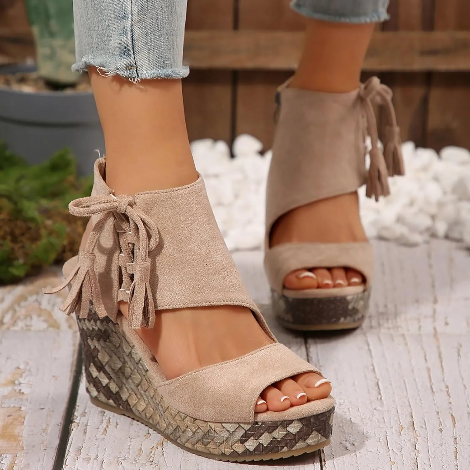 Wedge Sandals for Women 2025 Dressy Summer Open Toe Suede Espadrilles Sandals Comfortable Ankle Strap Platform Wedges Boho Orthopedic High Heels Beach Shoes