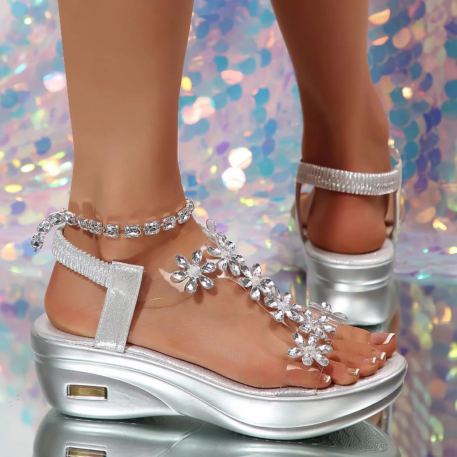 Wedge Sandals for Women Dressy Summer Platform Comfortable Low Wedges Womens Sandal Transparent Flower with Ankle Strap Casual Walking Flat Arch support Comfy Party Prom Formal Wedding