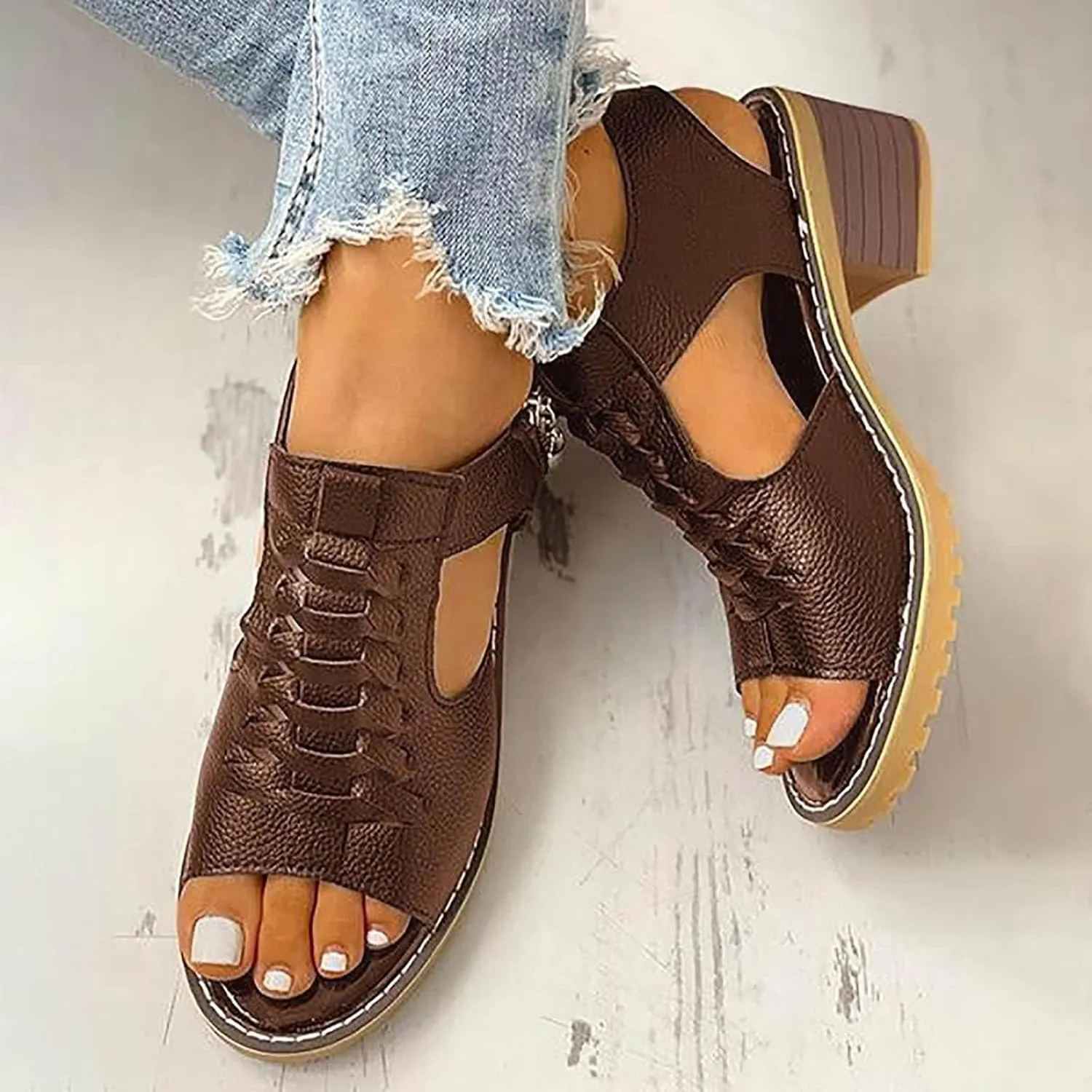 Wedges Sandals for Women Dressy Ankle Strap Booties Peep Toe Cutout Zipper Block Chunky Heels Sandals Summer Beach Comfortable Outdoor Shoes