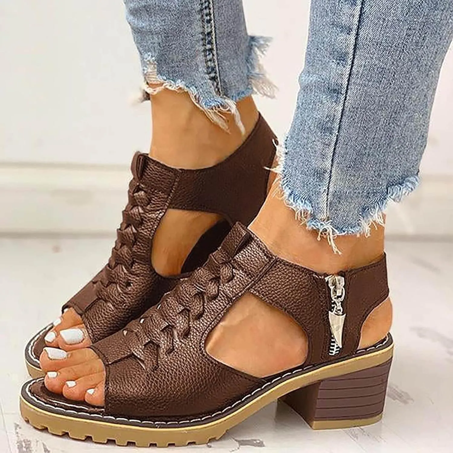 Wedges Sandals for Women Dressy Ankle Strap Booties Peep Toe Cutout Zipper Block Chunky Heels Sandals Summer Beach Comfortable Outdoor Shoes