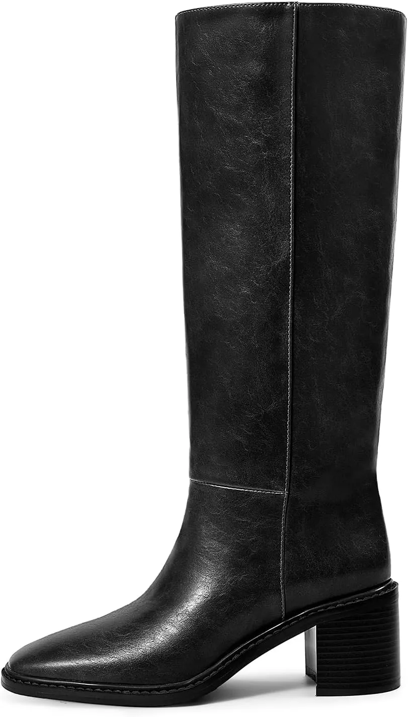 wetkiss Womens Knee High Boots Tall Riding Boots with Block Chunky Heel Almond Round Toe and Low Platform Pull on Winter Fall Fashion Long Boots