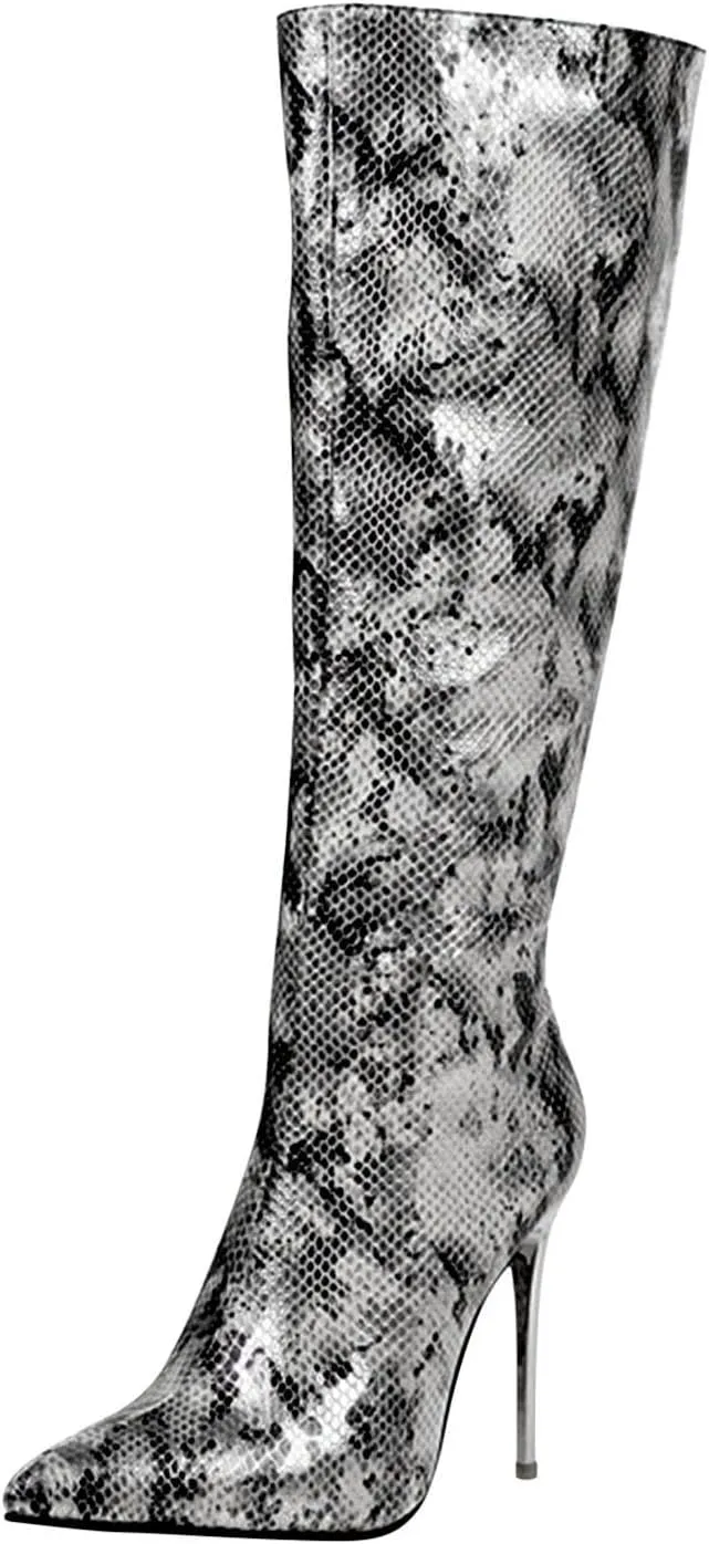 Wodceeke Women's Leopard Grey Snakeskin Animal Print Pointed Toe Stiletto Heel Boots, Casual Knee High & Over The Knee Booties for Women (Adults) Cosplay