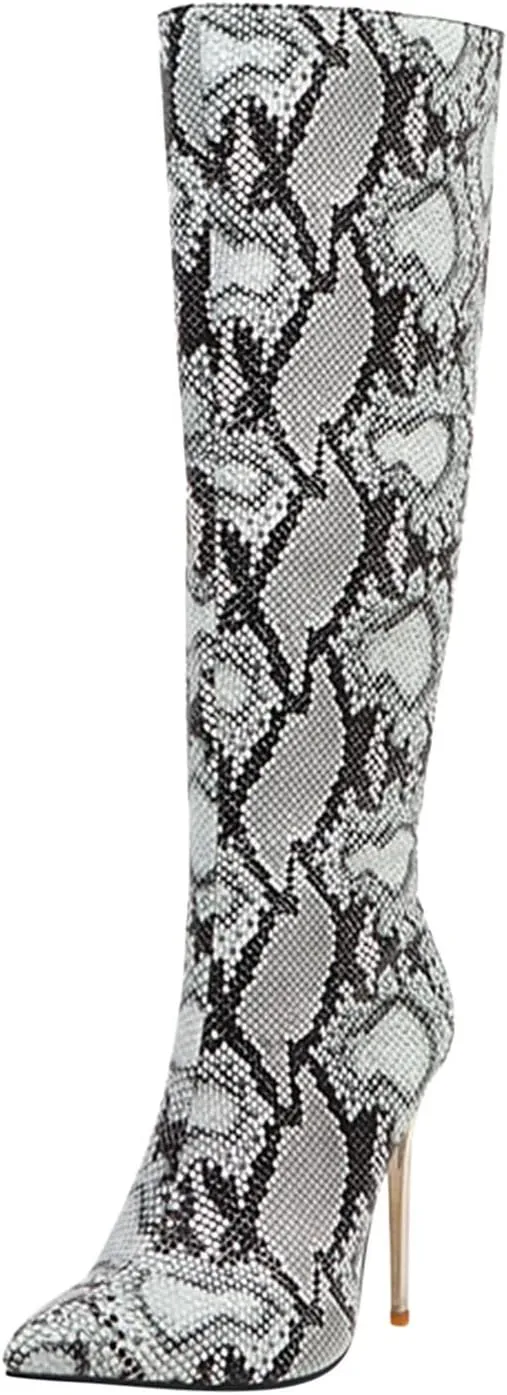 Wodceeke Women's Leopard Grey Snakeskin Animal Print Pointed Toe Stiletto Heel Boots, Casual Knee High & Over The Knee Booties for Women (Adults) Cosplay