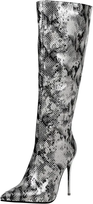 Wodceeke Women's Leopard Grey Snakeskin Animal Print Pointed Toe Stiletto Heel Boots, Casual Knee High & Over The Knee Booties for Women (Adults) Cosplay