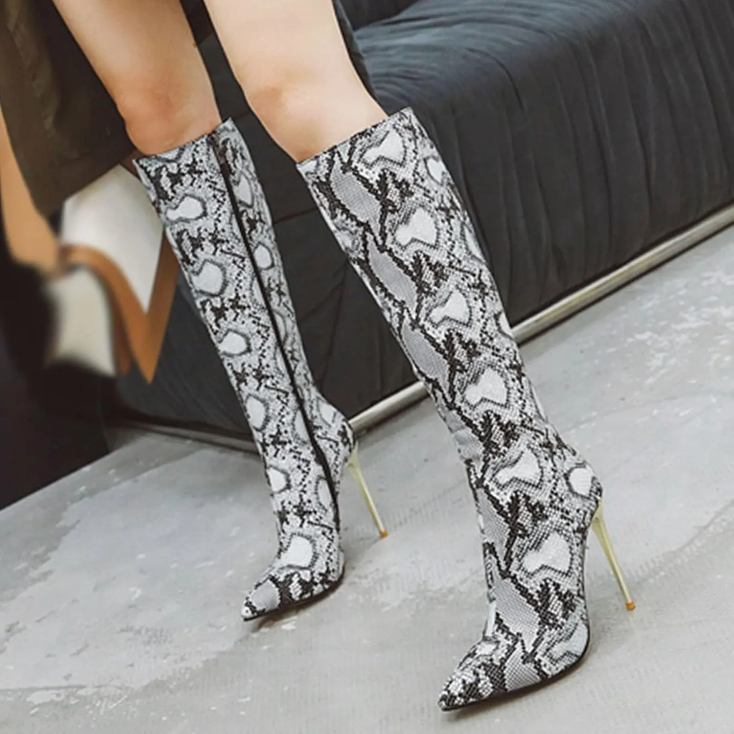 Wodceeke Women's Leopard Grey Snakeskin Animal Print Pointed Toe Stiletto Heel Boots, Casual Knee High & Over The Knee Booties for Women (Adults) Cosplay