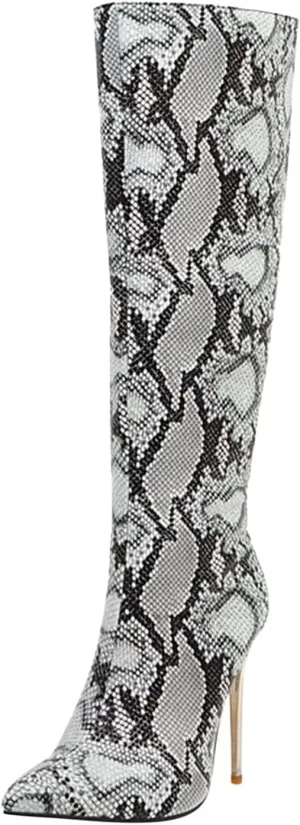 Wodceeke Women's Leopard Grey Snakeskin Animal Print Pointed Toe Stiletto Heel Boots, Casual Knee High & Over The Knee Booties for Women (Adults) Cosplay