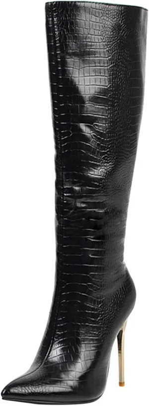 Wodceeke Women's Leopard Grey Snakeskin Animal Print Pointed Toe Stiletto Heel Boots, Casual Knee High & Over The Knee Booties for Women (Adults) Cosplay