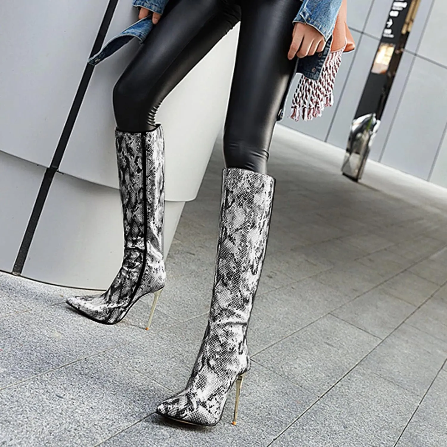 Wodceeke Women's Leopard Grey Snakeskin Animal Print Pointed Toe Stiletto Heel Boots, Casual Knee High & Over The Knee Booties for Women (Adults) Cosplay
