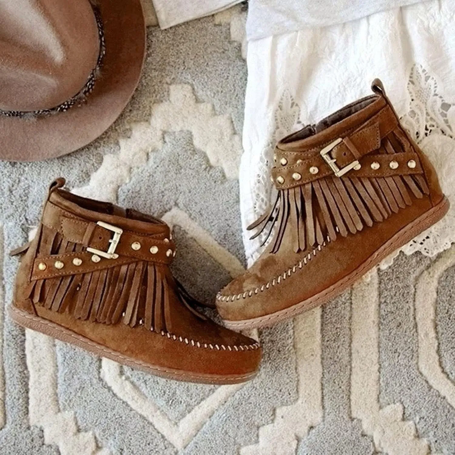Women Casual Ankle Boots Flat Fringe Booties Round Toe Vintage Suede Tassel Lace Up Dress Walking Shoes Zipper Fall Winter Outdoor Fashion Low Top Short Boots
