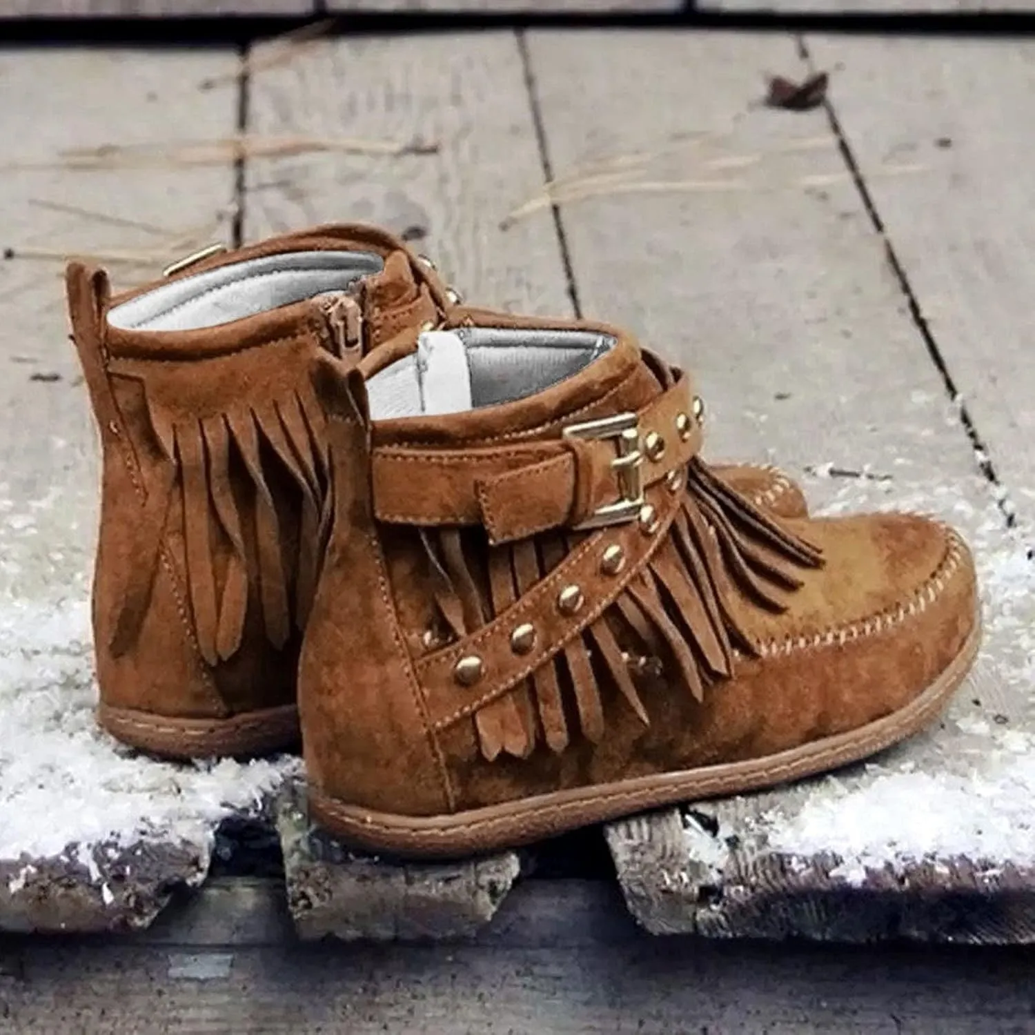 Women Casual Ankle Boots Flat Fringe Booties Round Toe Vintage Suede Tassel Lace Up Dress Walking Shoes Zipper Fall Winter Outdoor Fashion Low Top Short Boots