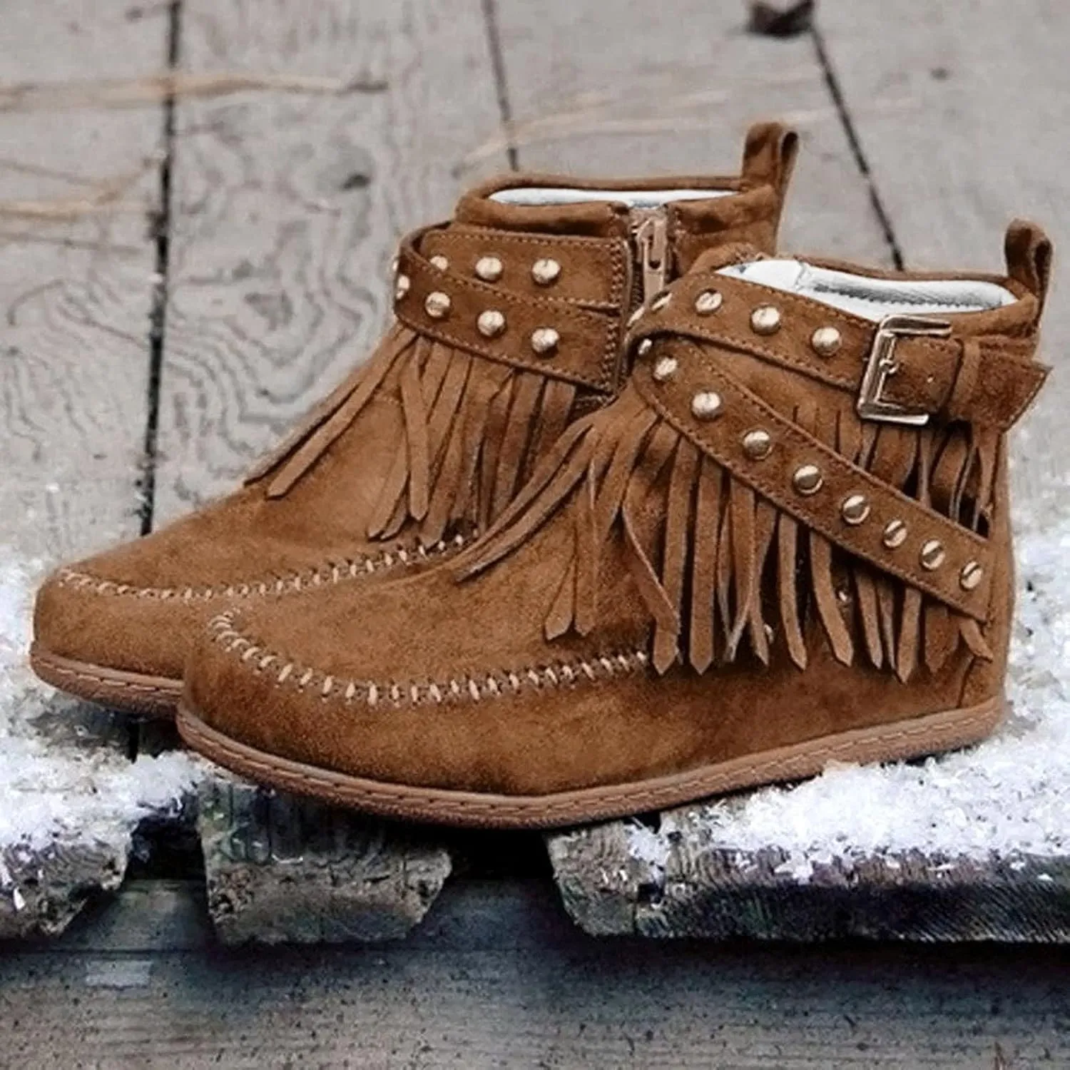 Women Casual Ankle Boots Flat Fringe Booties Round Toe Vintage Suede Tassel Lace Up Dress Walking Shoes Zipper Fall Winter Outdoor Fashion Low Top Short Boots