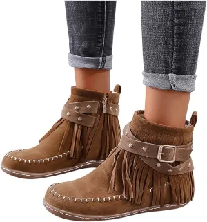 Women Casual Ankle Boots Flat Fringe Booties Round Toe Vintage Suede Tassel Lace Up Dress Walking Shoes Zipper Fall Winter Outdoor Fashion Low Top Short Boots