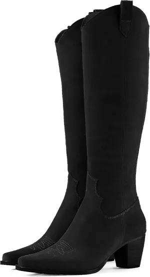 Women Cowboy Knee High Boots Chunky Block Heel Square Toe Tall Riding Boots