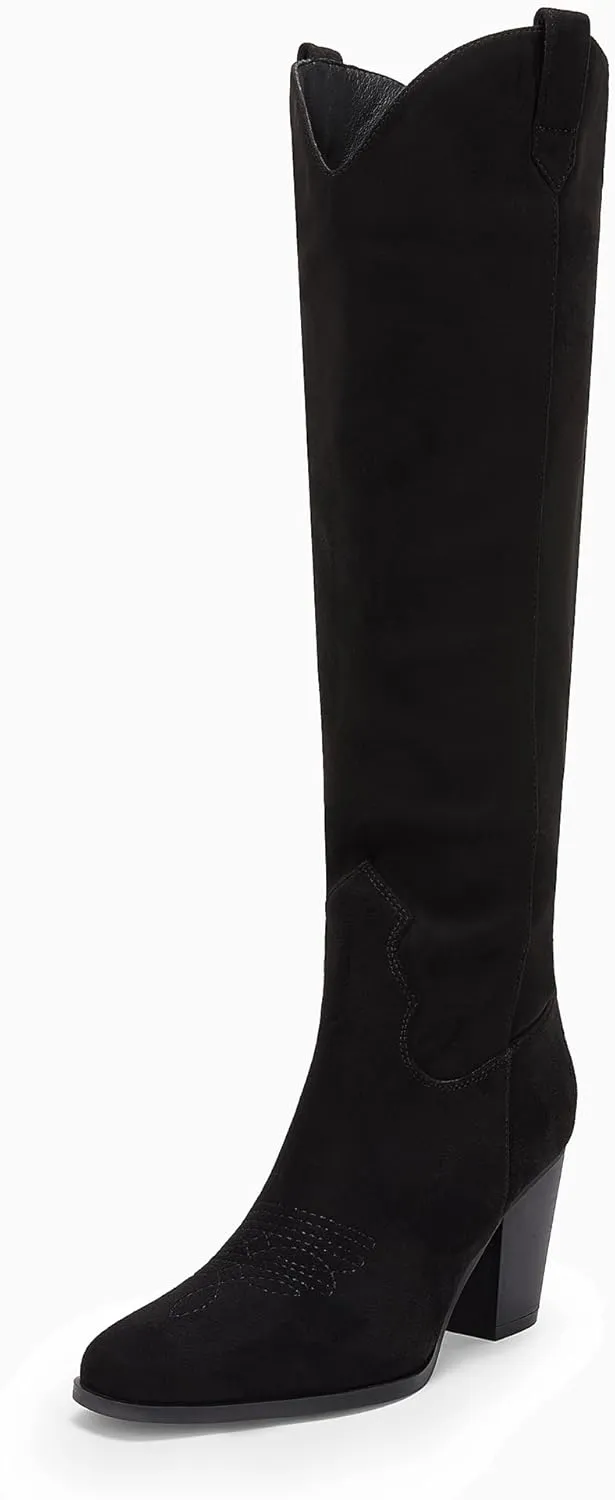 Women Cowboy Knee High Boots Chunky Block Heel Square Toe Tall Riding Boots