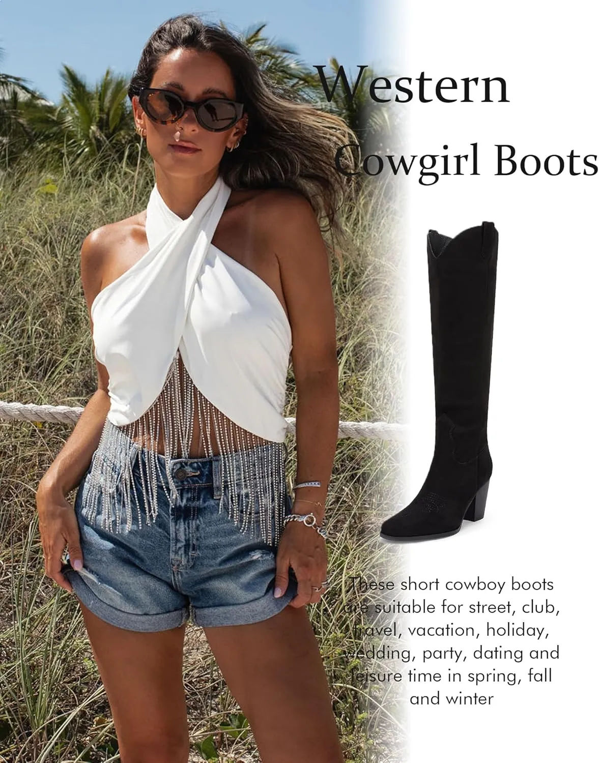 Women Cowboy Knee High Boots Chunky Block Heel Square Toe Tall Riding Boots