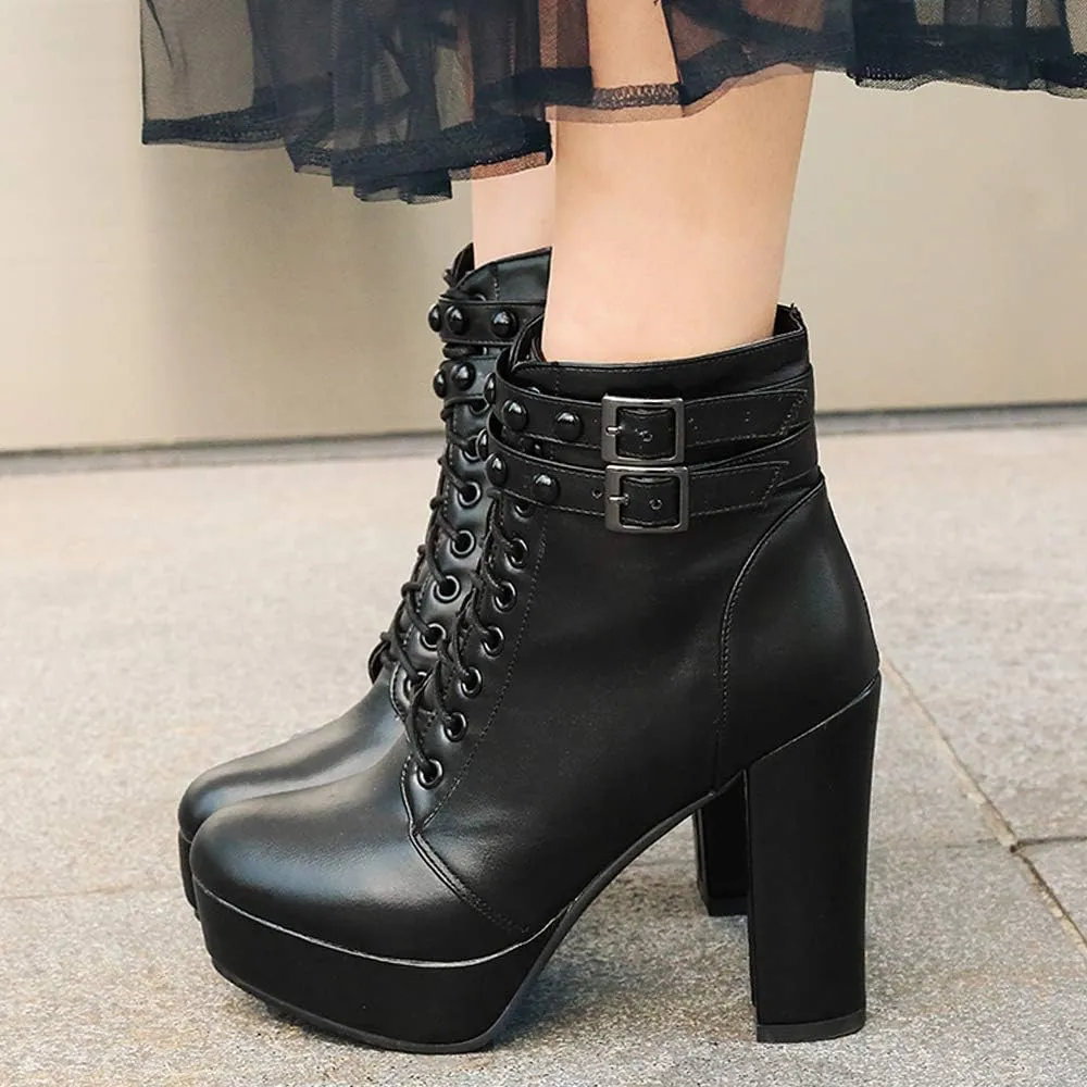 Women Platform Biker Short Boots Round Toe High Heeled