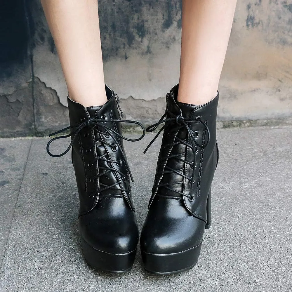 Women Platform Biker Short Boots Round Toe High Heeled
