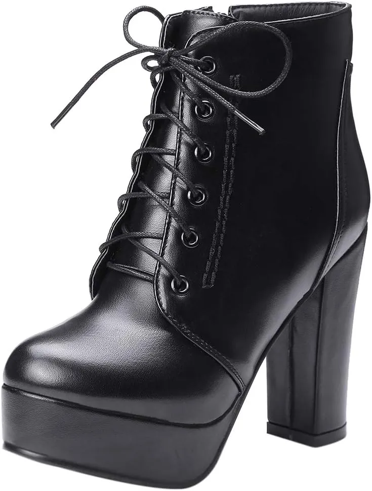 Women Platform Biker Short Boots Round Toe High Heeled