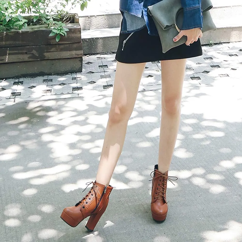Women Platform Biker Short Boots Round Toe High Heeled