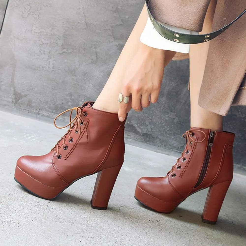 Women Platform Biker Short Boots Round Toe High Heeled