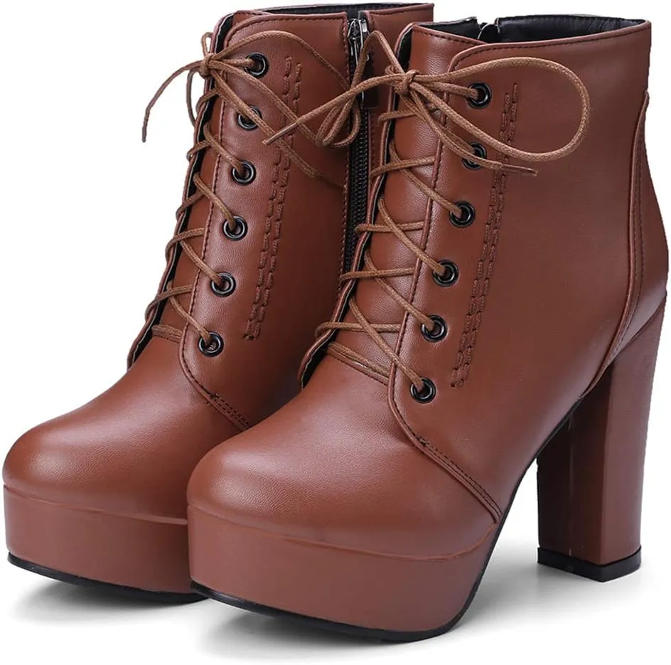 Women Platform Biker Short Boots Round Toe High Heeled