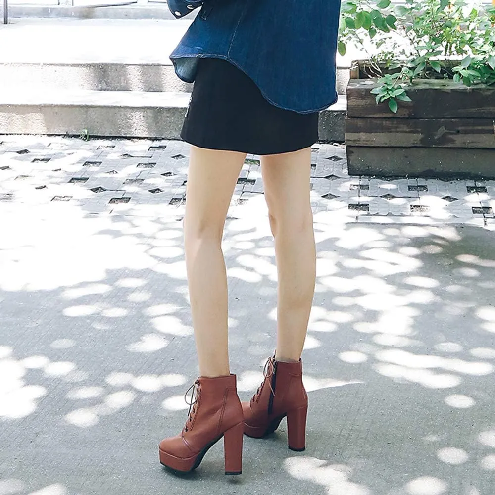 Women Platform Biker Short Boots Round Toe High Heeled