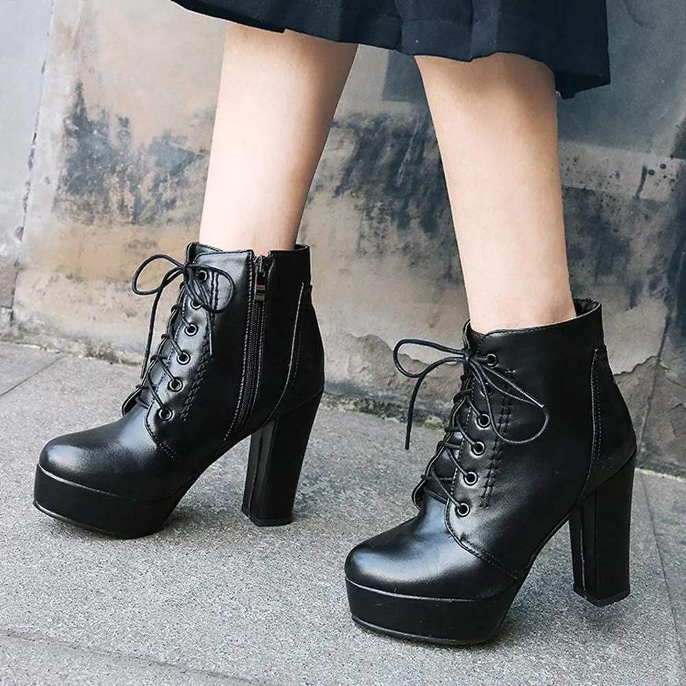 Women Platform Biker Short Boots Round Toe High Heeled