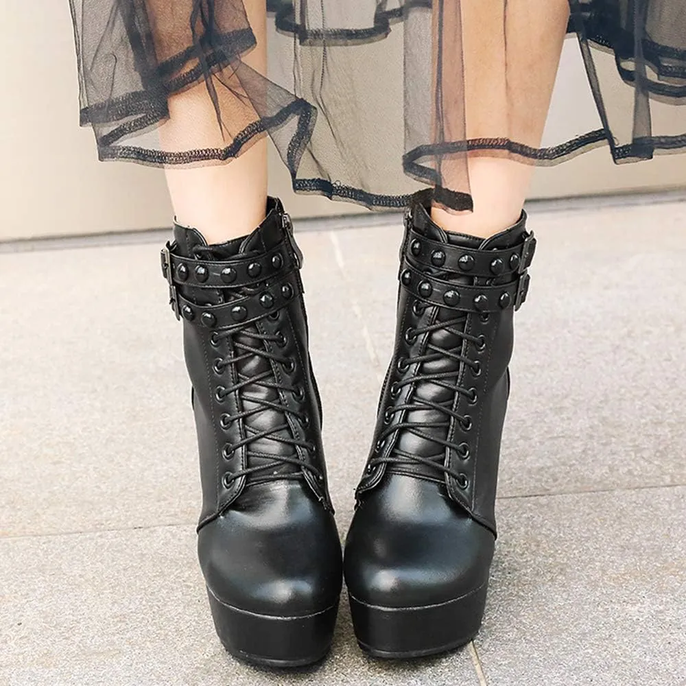 Women Platform Biker Short Boots Round Toe High Heeled